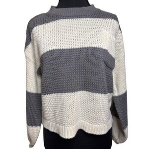 American Eagle Grey/Cream Striped Chunky Knit Crewneck Sweater with Chest Pocket
